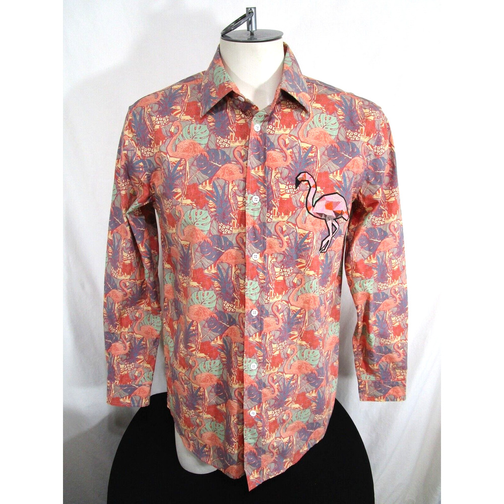 EUC! Standard Issue Tropical Embroidered Flamingo LS Button Up Shirt Men Sz M